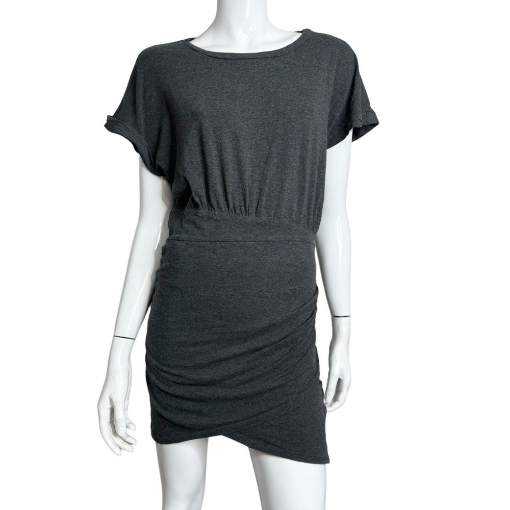 Raw Edge Crew Neck Short Sleeve Grey Mini Tee Shirt Dress